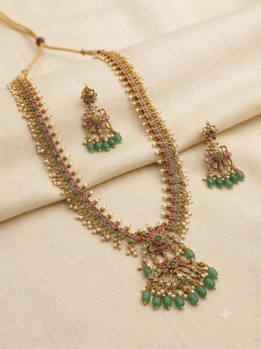 Long Antique gold plated necklace set in jadau