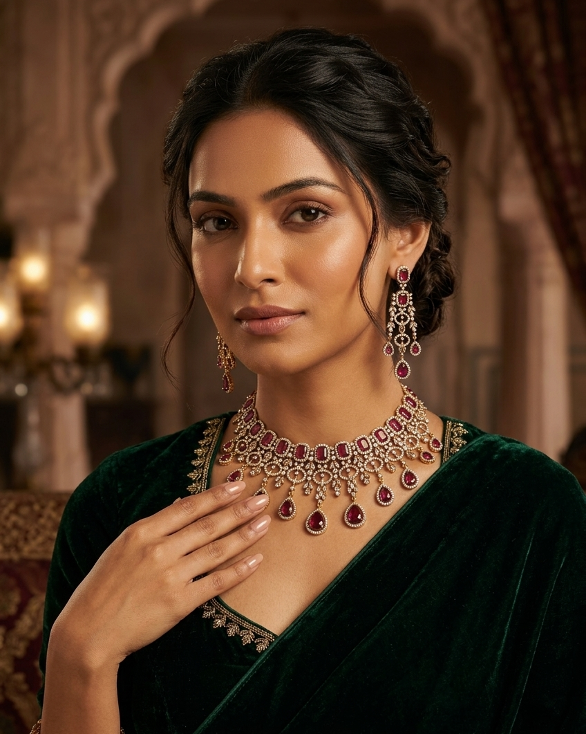 Gold Plated Premium Red Ruby Like AD Necklace Set