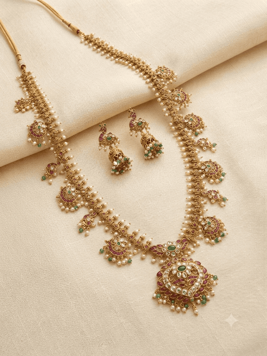 Long Antique gold plated necklace set in jadau