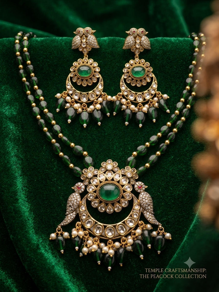 Premium Green Beads Necklace Set with Monalisa Stone
