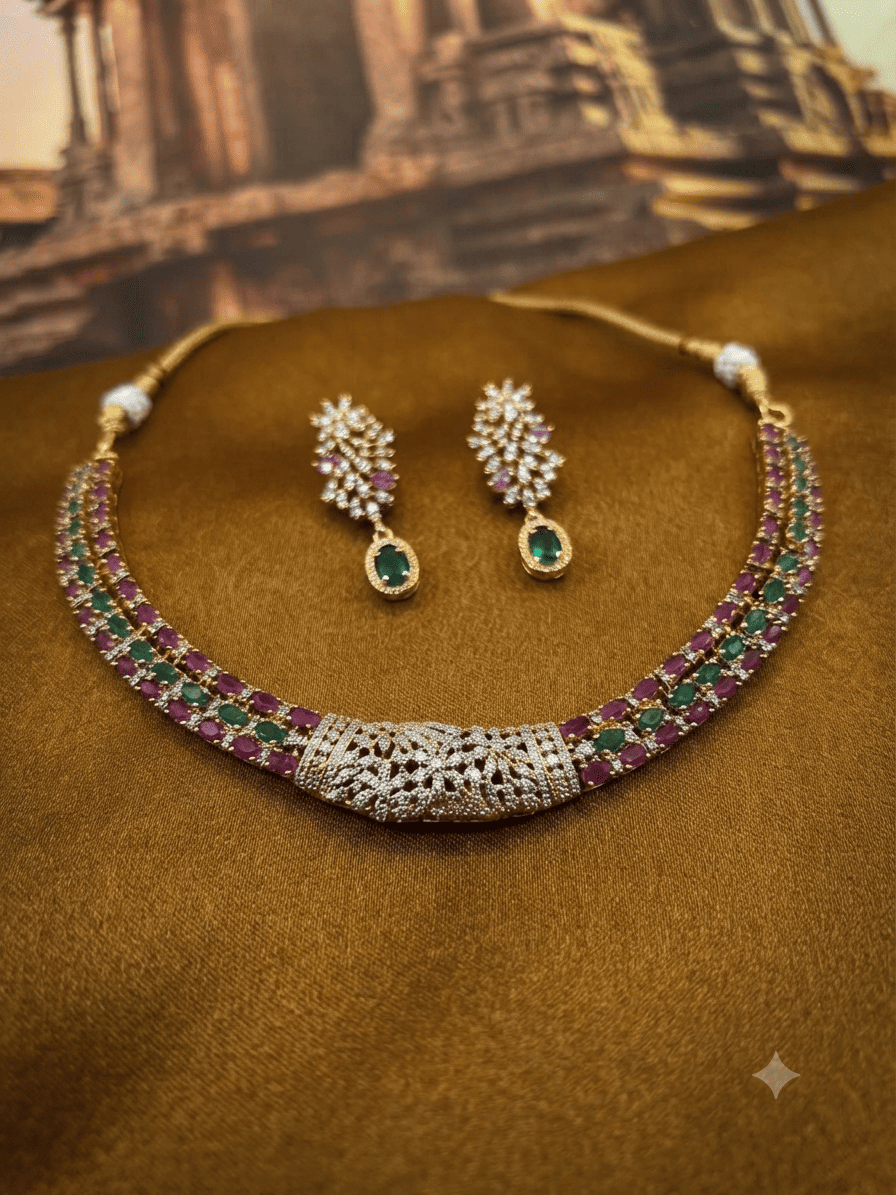 Premium Stone Studded CZ Hasli Necklace Set