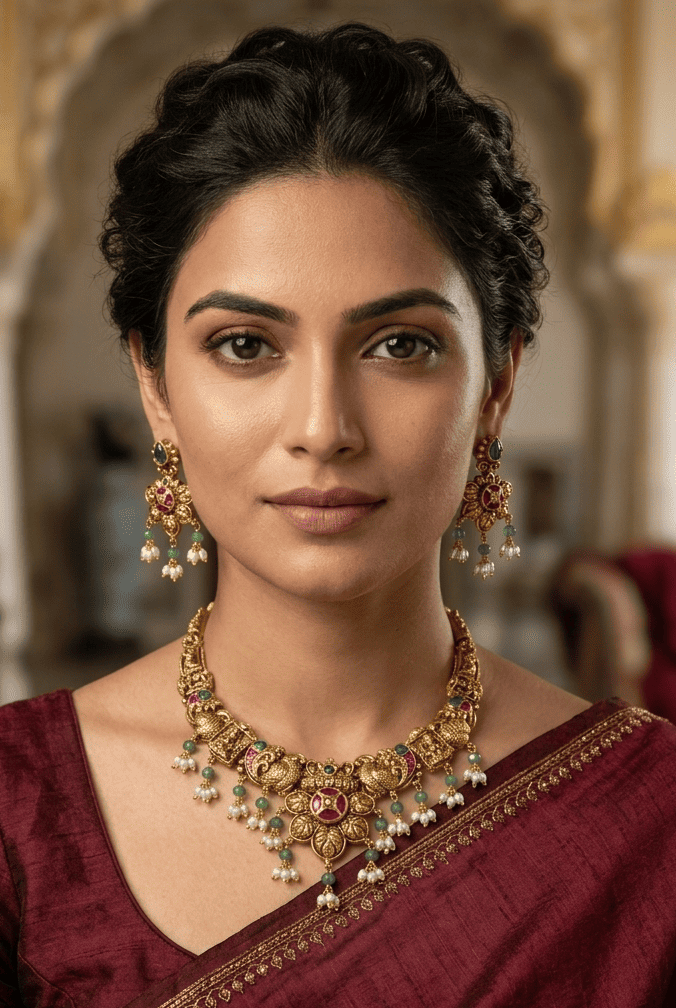 Premium Gold Plated Short Temple necklace Set with pearl drops