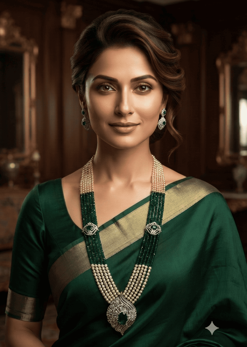 Green Onyx 5 lines with pearls and CZ pendant with earrings Necklace Set