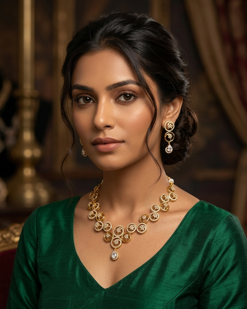 Gold Plated Premium Red Ruby Like AD Necklace Set Geometric pattern