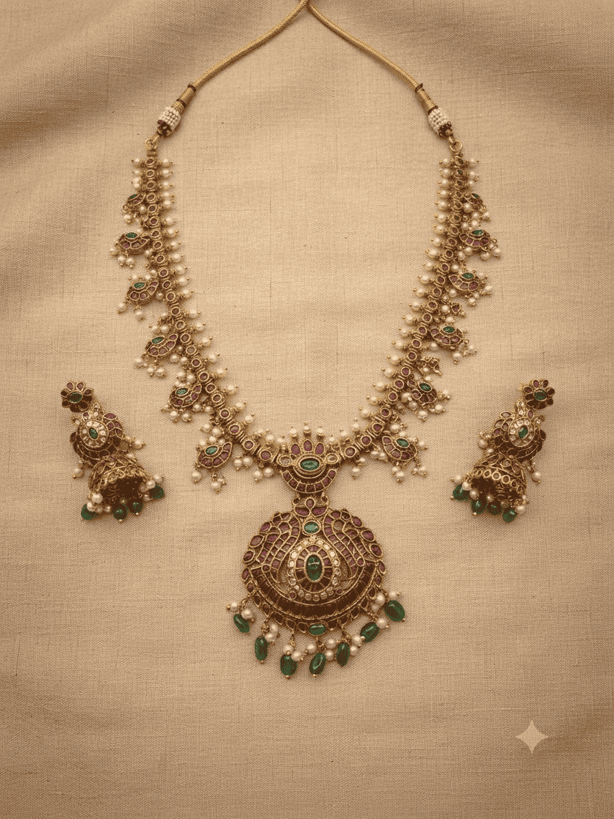 one gram gold plated antique jadau necklace set