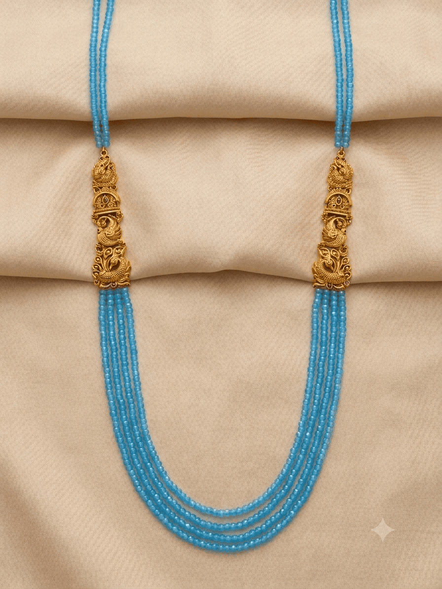 Light Blue Color Onyx 4 mm semi precious stones 26 inches necklace set with elephant brooch/mop