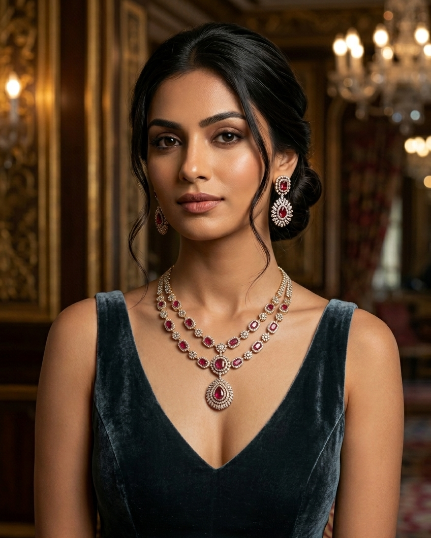 Gold Plated Layered Long CZ Necklace Set