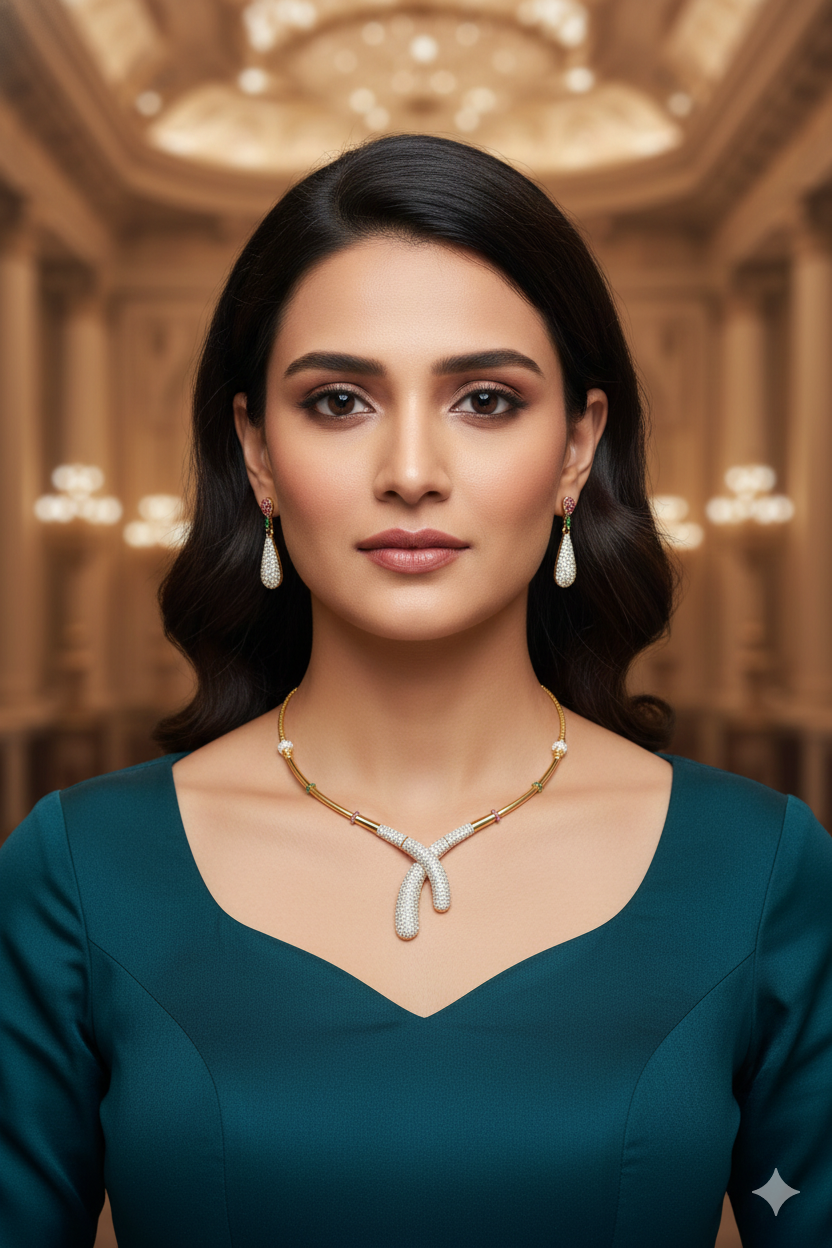 Gold Plated contemporary Design Short Necklace set in zercon cz stones