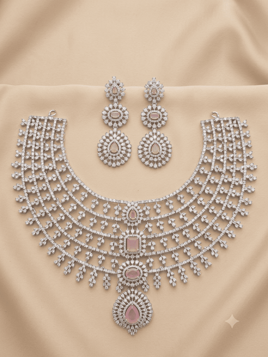 Silver plated/ white Gold Plated Classic Zercon cz Necklace Set  bridal