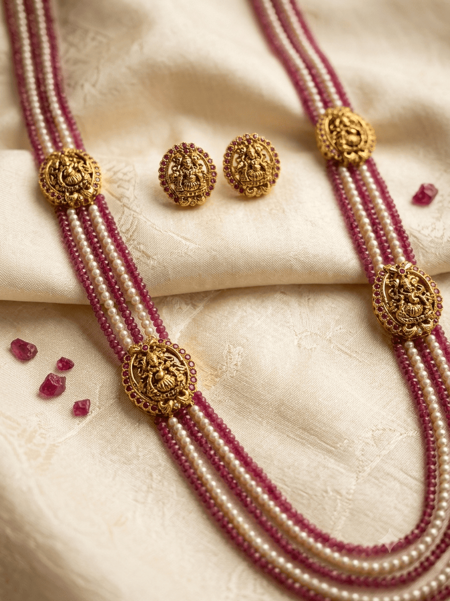5 Line Maala of 2 line pearl and 3 line stone Necklace set with 2 pairs of Mopu
