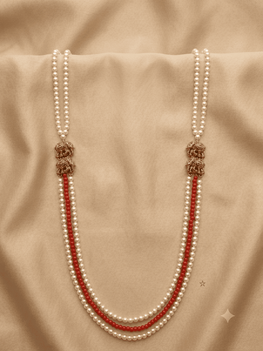 Premium 3 Line 4mm Hyderabadi Pearl Maala with Mopu and Coral