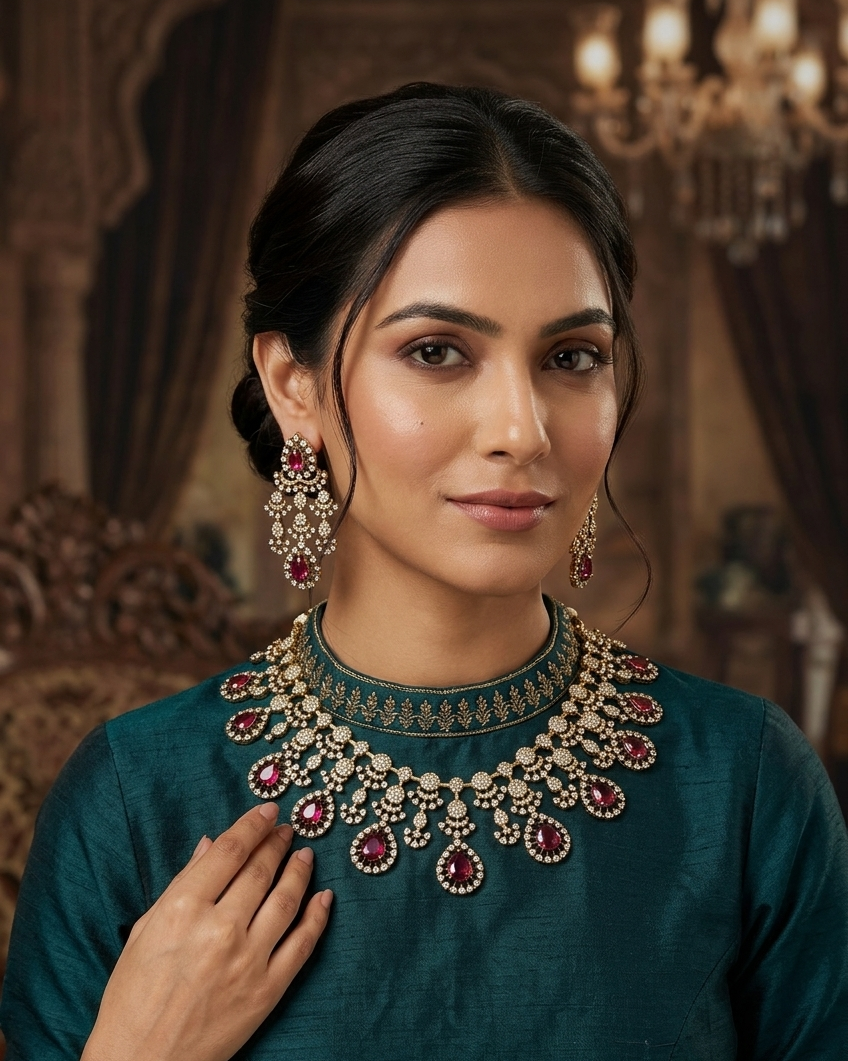 Gold Plated Premium Red Ruby Like AD Necklace Set