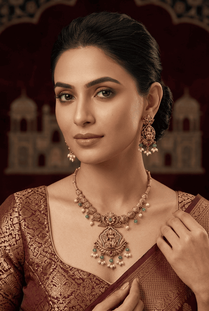 Premium Gold Plated Medium Length Temple necklace Set