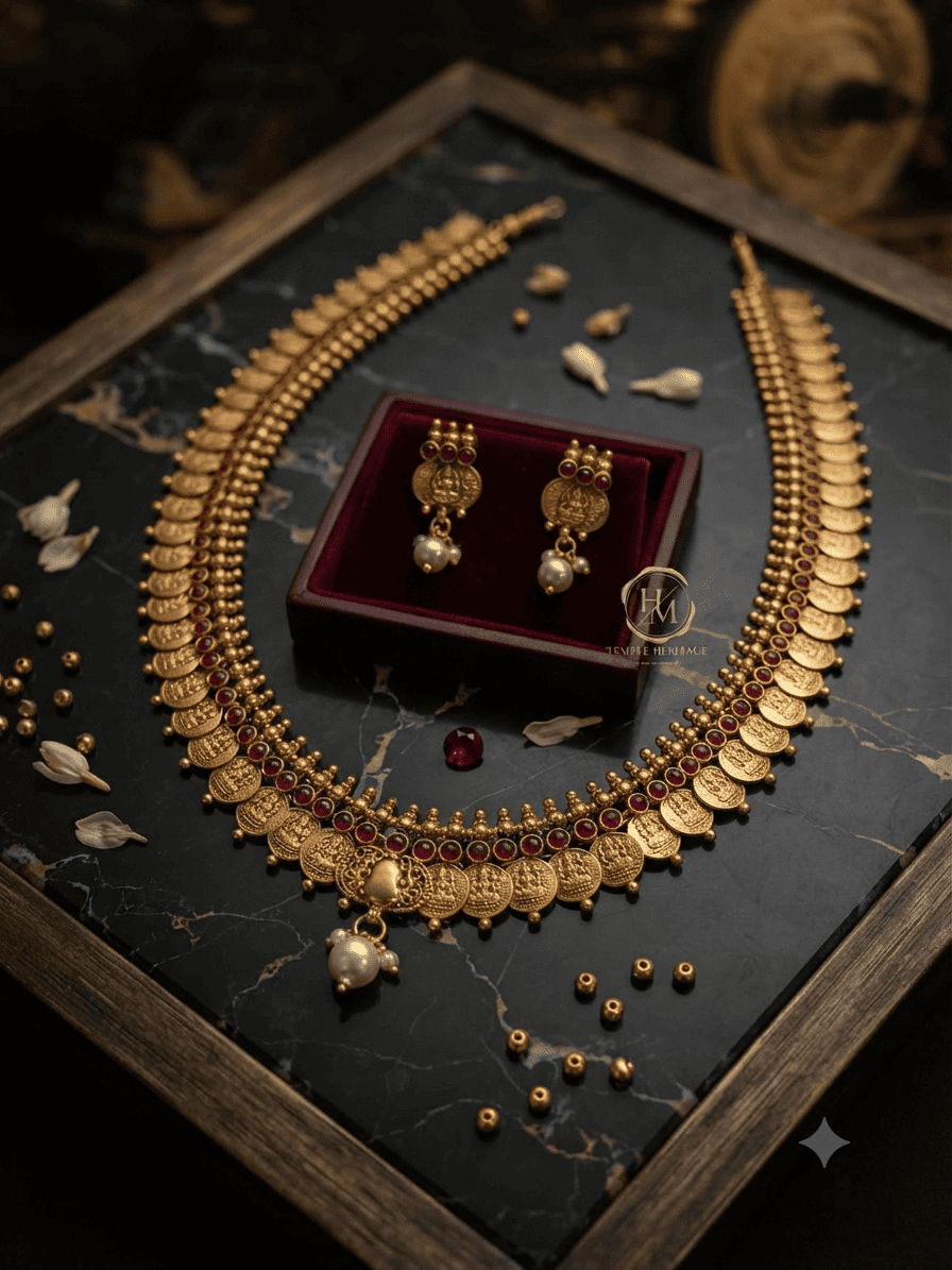 Gold Plated Long kasu Necklace with Red Stones