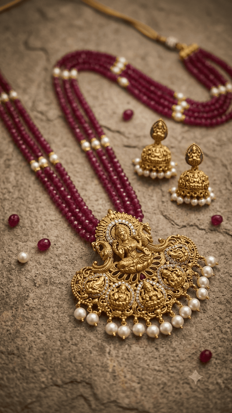 4 Line Onion Onyx with pearls Ashta Lakshmi Pendant with earrings