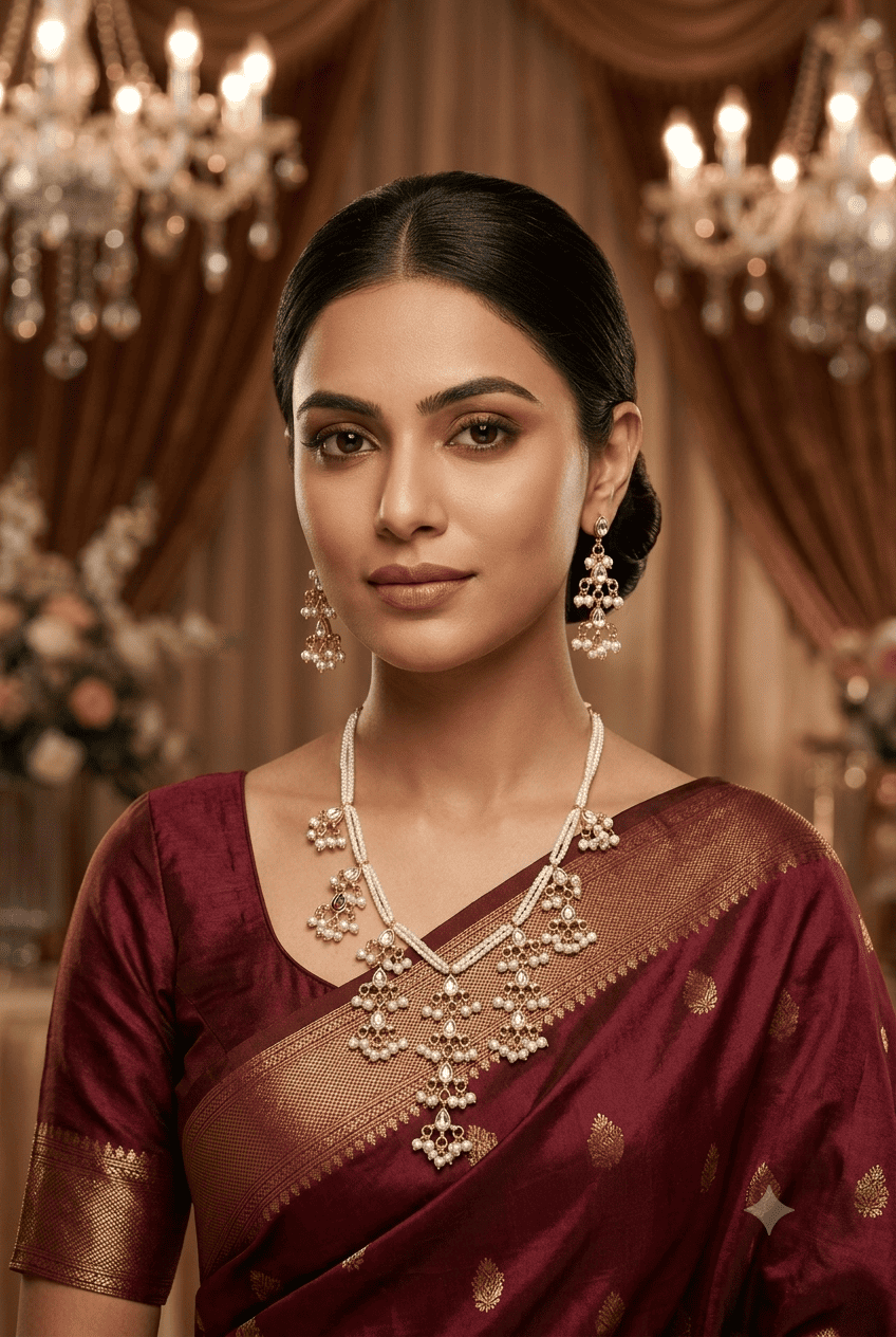 Small Hyderabadi Pearls with Kundan Amrapalli Design Necklace Set
