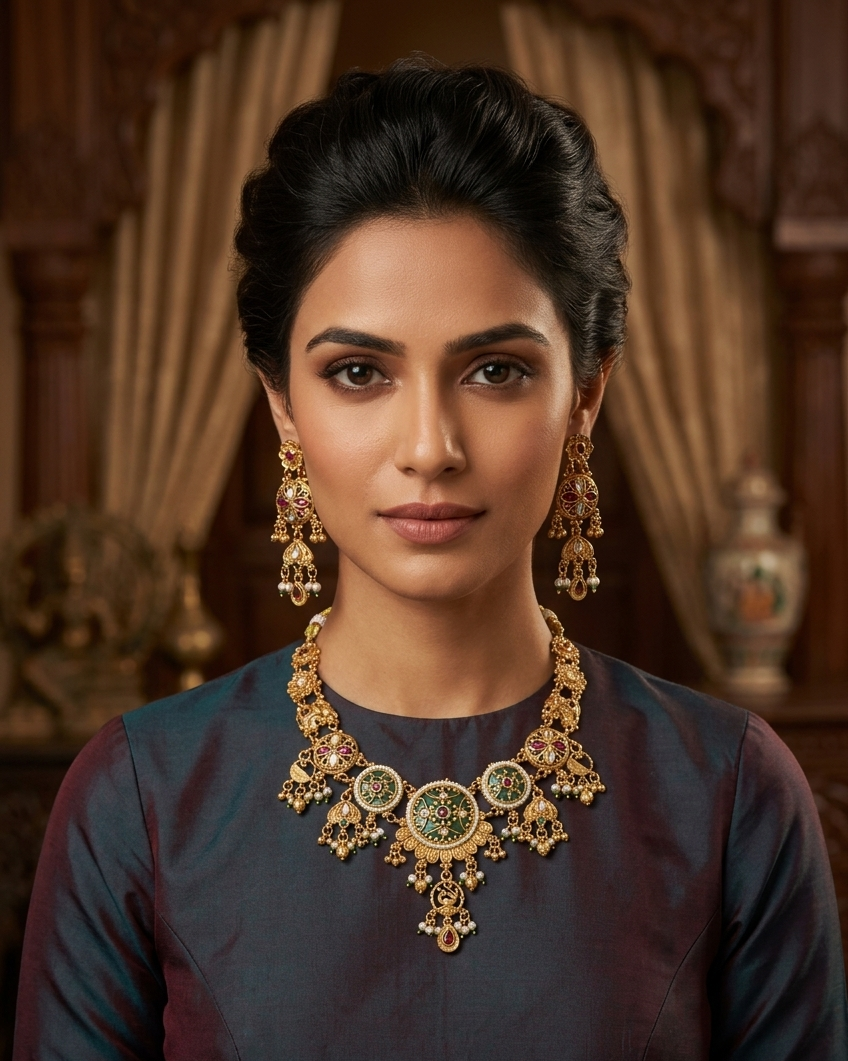 Gold Plated Heritage collection Necklace Set with real kundan and kempu stones