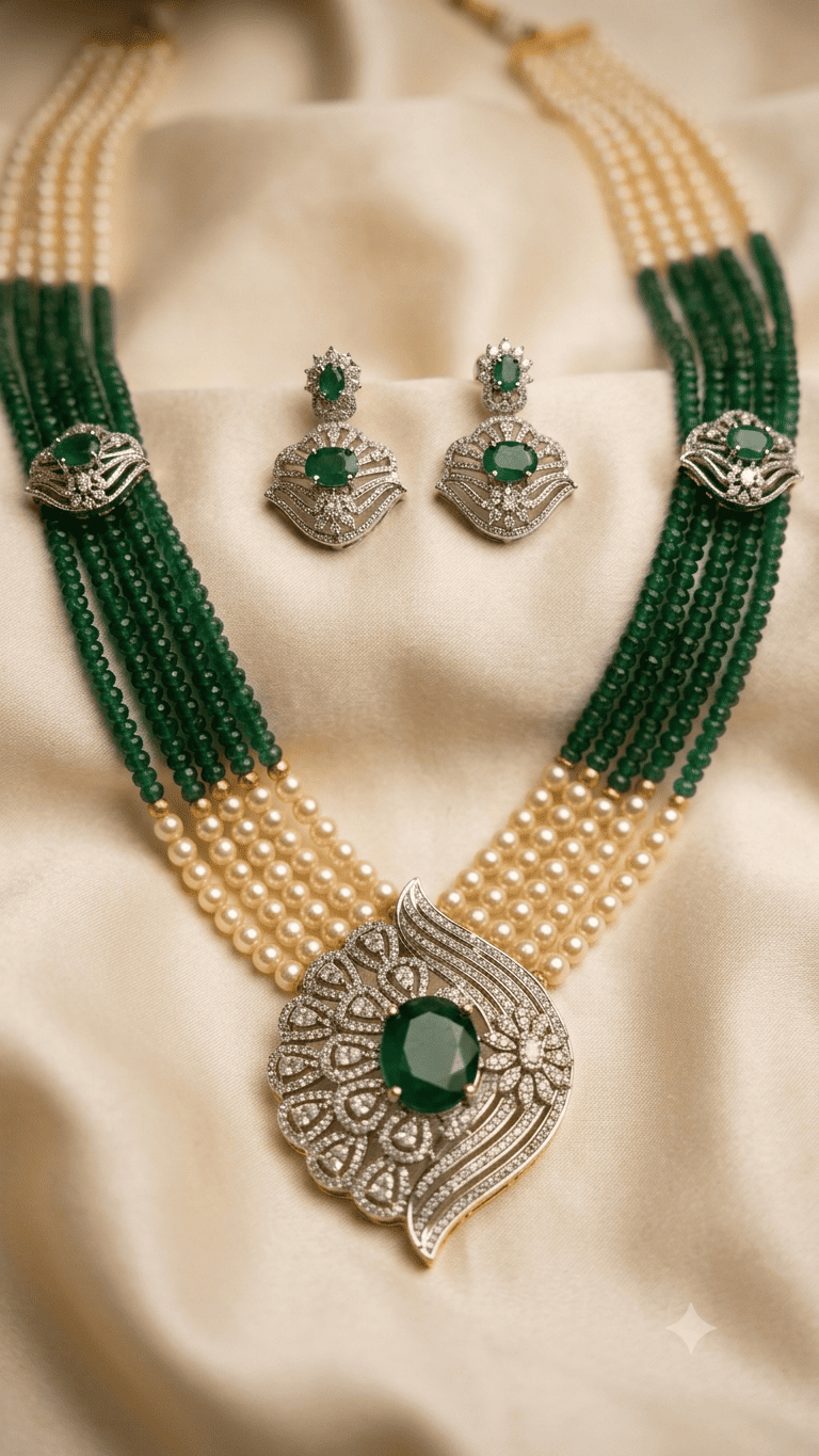 Green Onyx 5 lines with pearls and CZ pendant with earrings Necklace Set