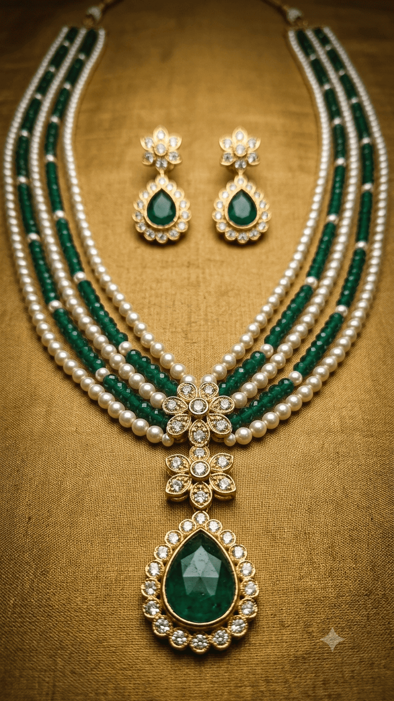 5 Line Maala of 3 line pearl and 2 line stone Necklace set with pendant and earrings