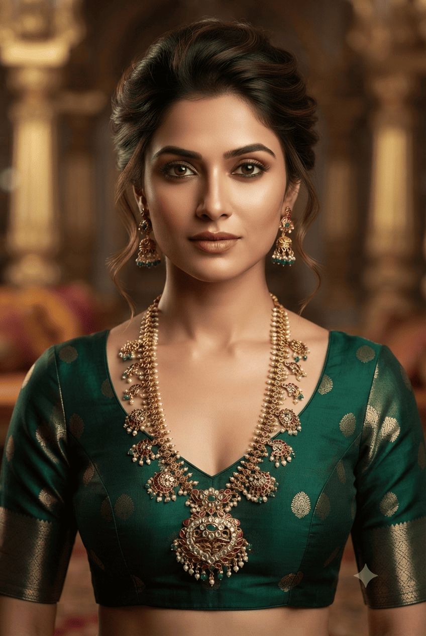 Long Antique gold plated necklace set in jadau