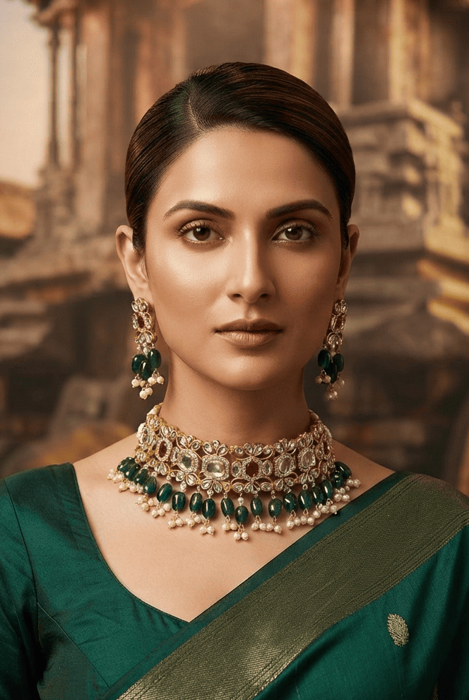 Antique Multicolor choker with green beads and pearls