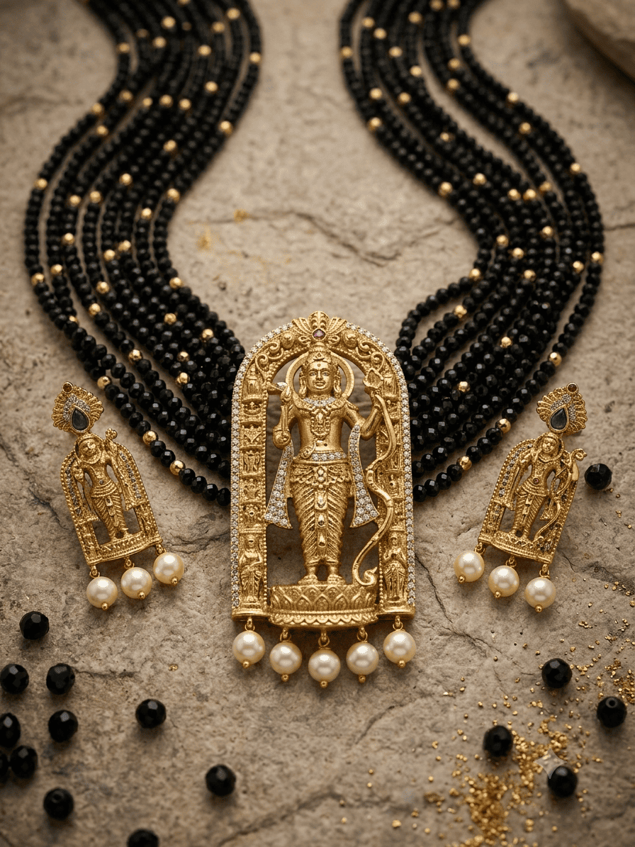 Multilayer Black Onyx Maala with Ram Pendant and earrings