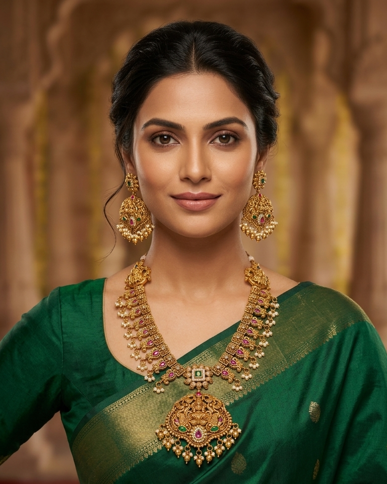 Premium Gold Plated Premium Antique Necklace Set with CZ Stones