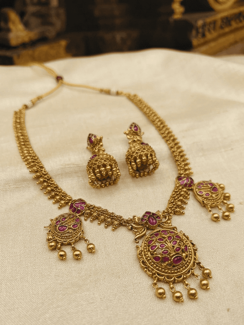 Premium Gold Plated Medium Length Temple necklace Set