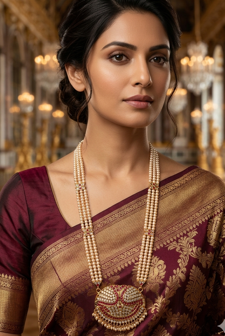 3 Line Hyderabdi pearl with panchaloha Pendant Necklace Set