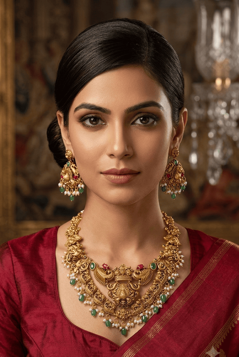Premium Gold Plated Medium Length Peacock Temple necklace Set