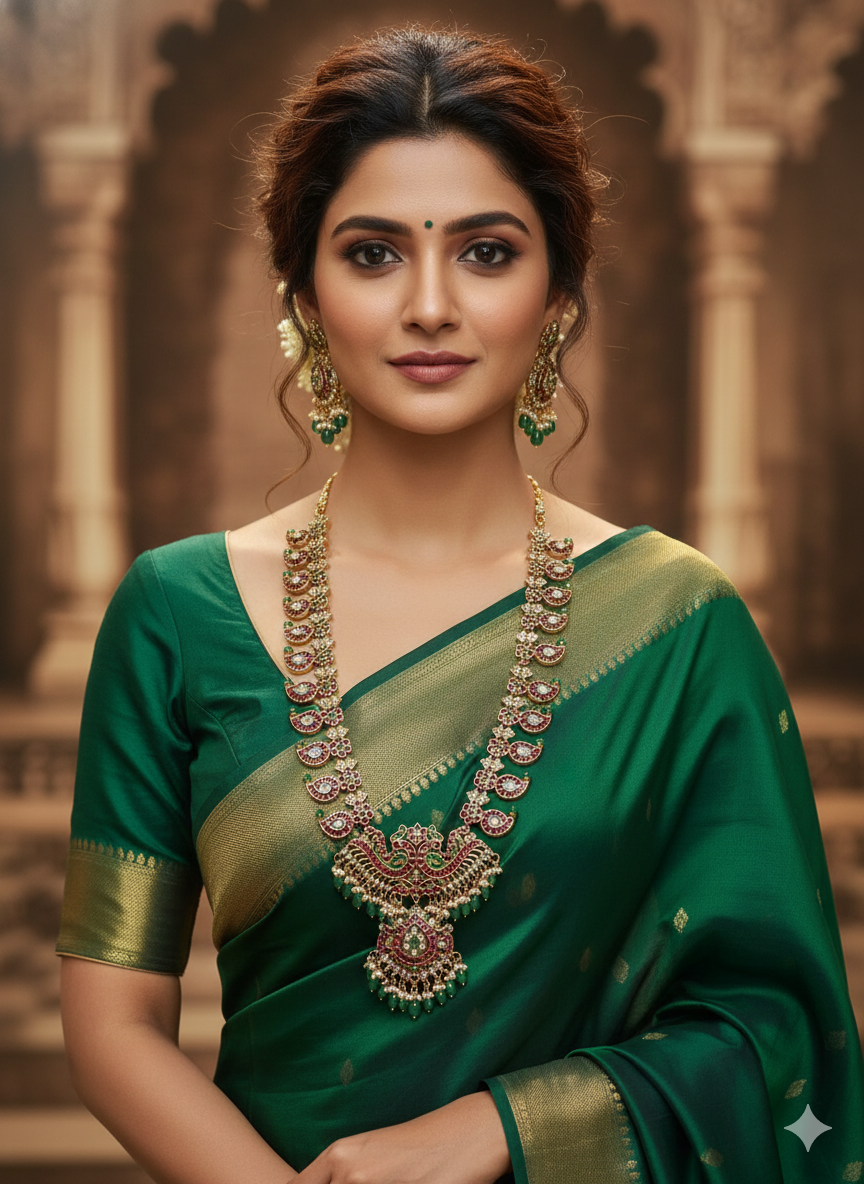 Mango malai pure kemp stone with kundan jadau work short/long necklace set Bridal