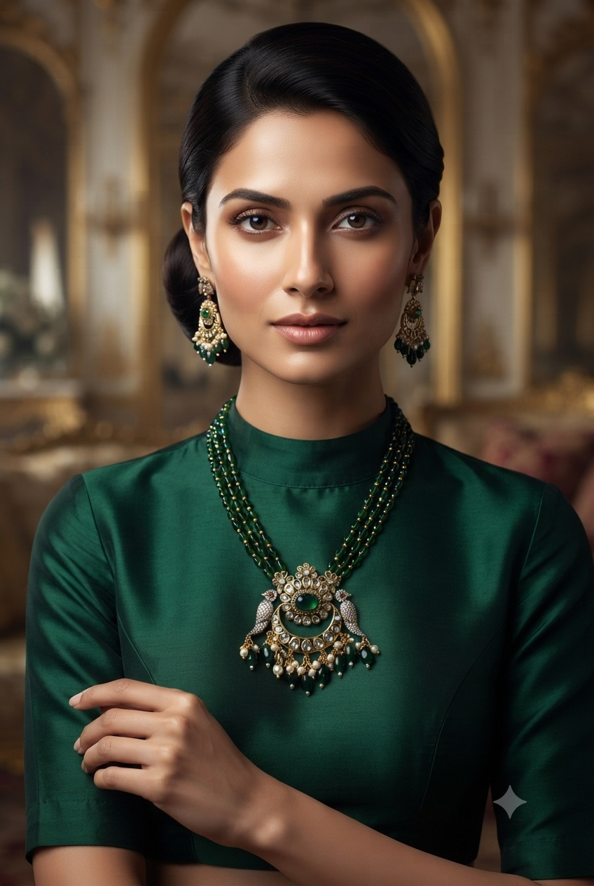 Premium Green Beads Necklace Set with Monalisa Stone