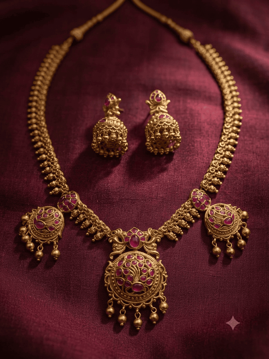 Premium Gold Plated Medium Length Temple necklace Set