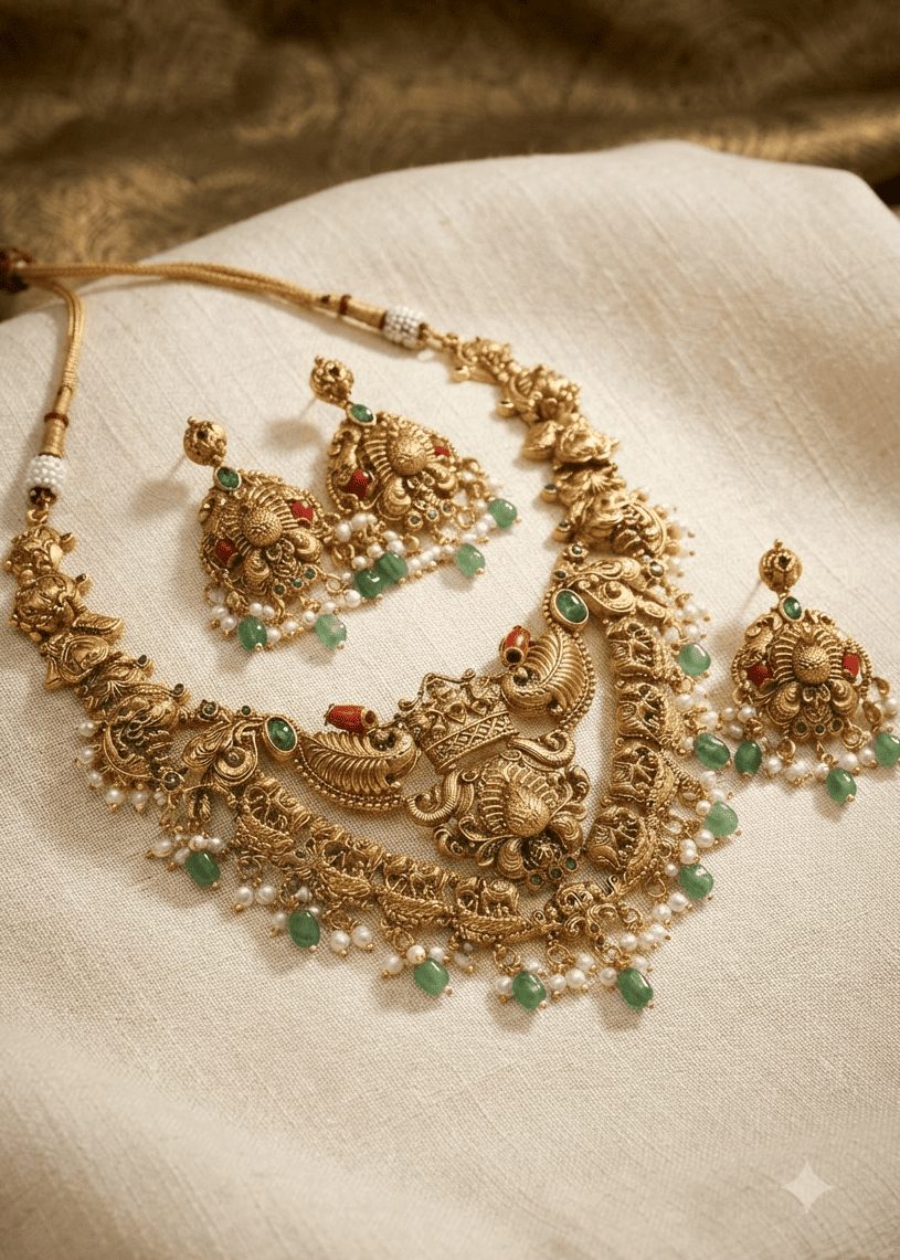 Premium Gold Plated Medium Length Peacock Temple necklace Set