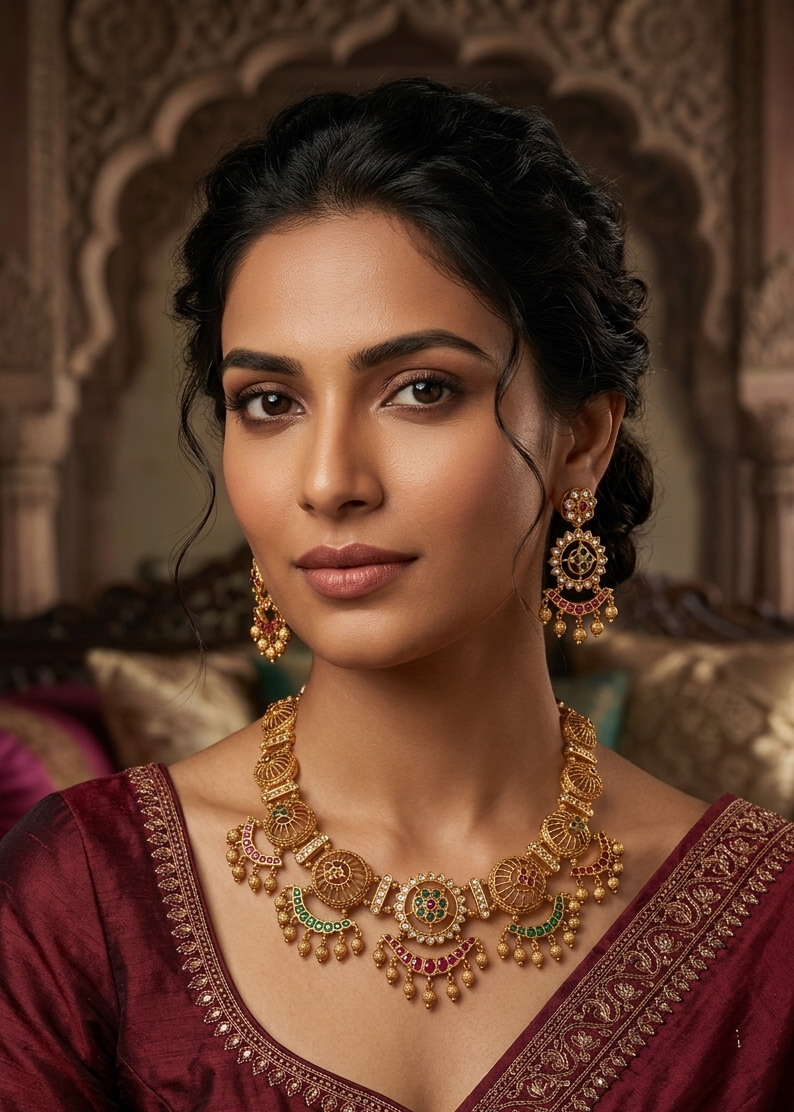 Premium Copper base antique gold plated Gold look alike temple jewelry with ruby necklace set