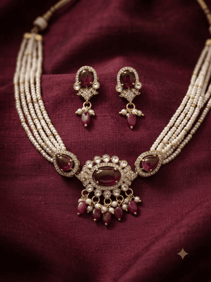 Gold Plated Mossanite with Pearl Choker Necklace set Green Stone
