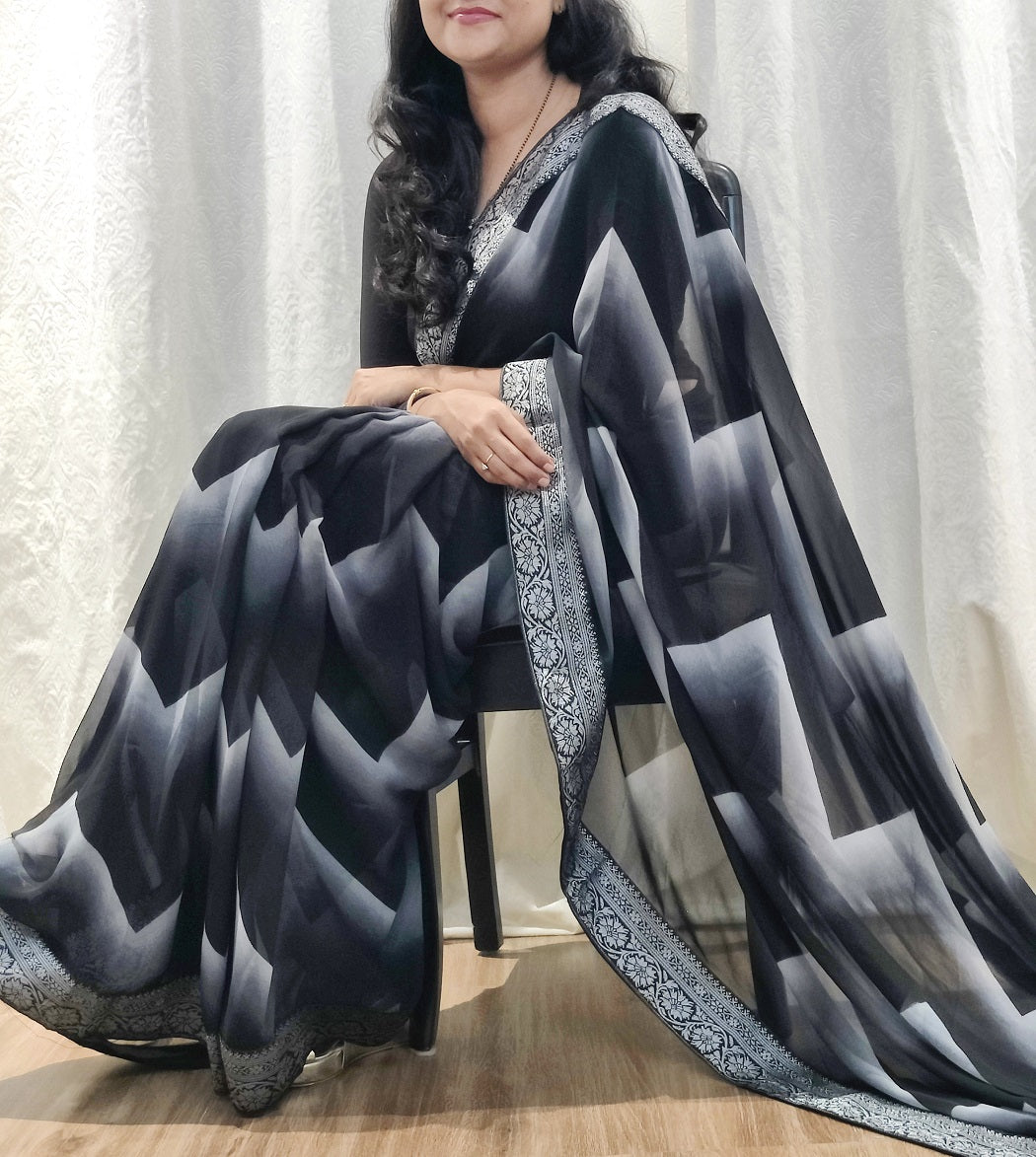Georgette printed saree with Silver zari lace Border 22404N