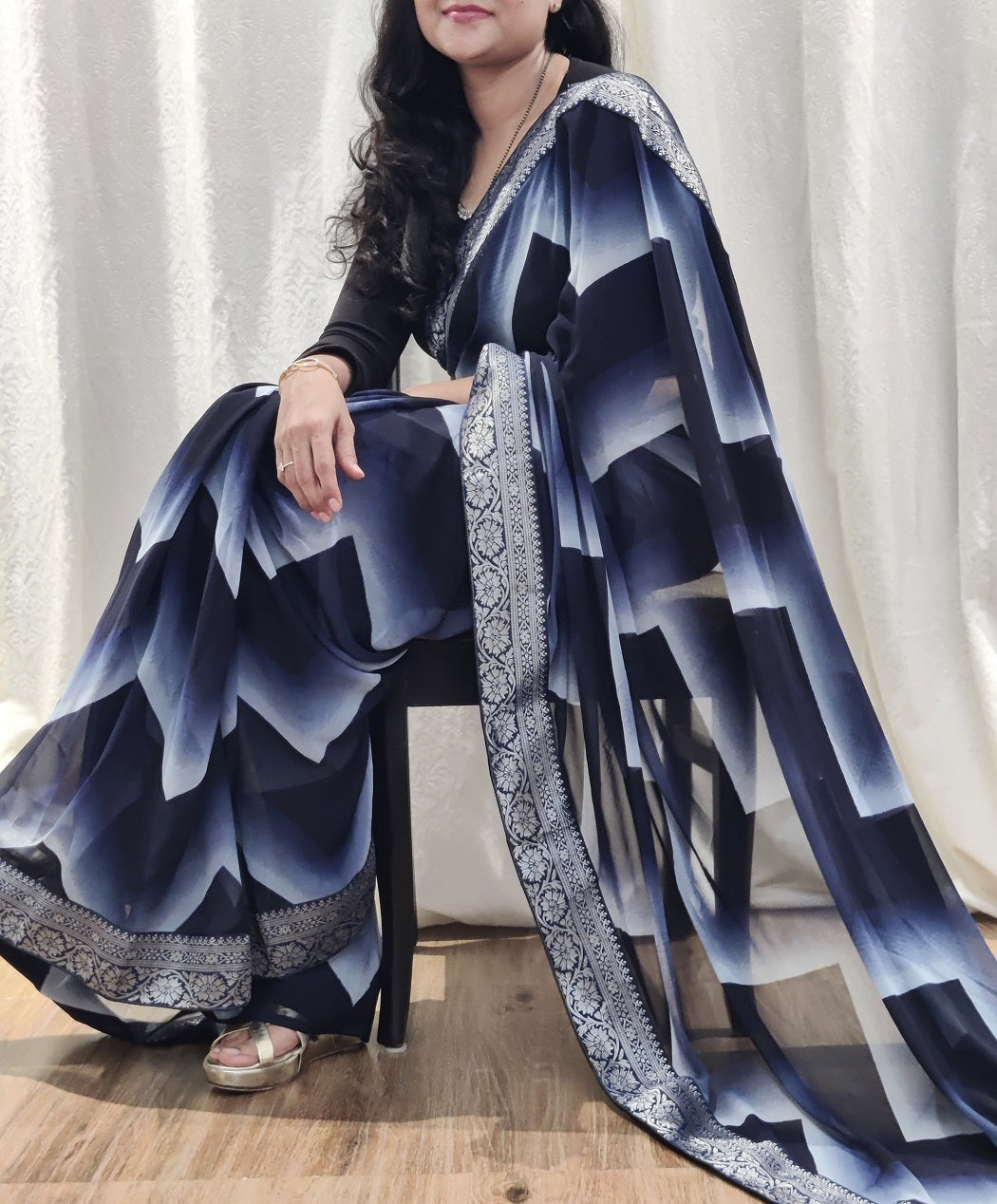 Georgette printed saree with Silver zari lace Border 22404N