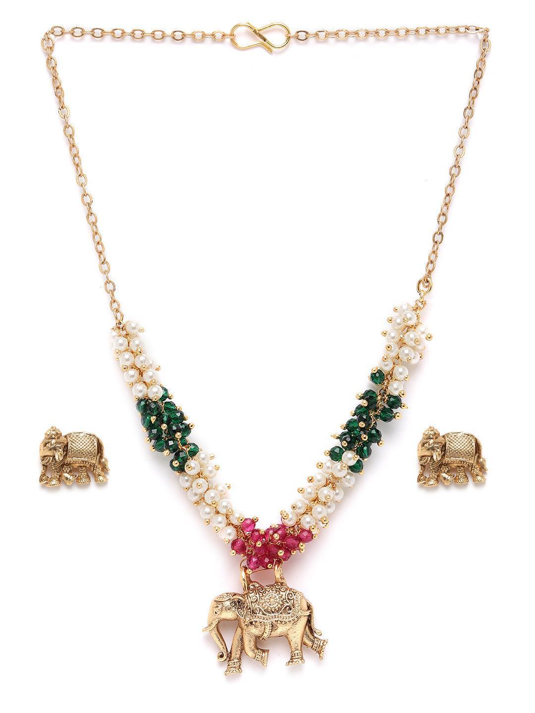 Gold Finish Designer elephant Red crystal Necklace Set - Griiham
