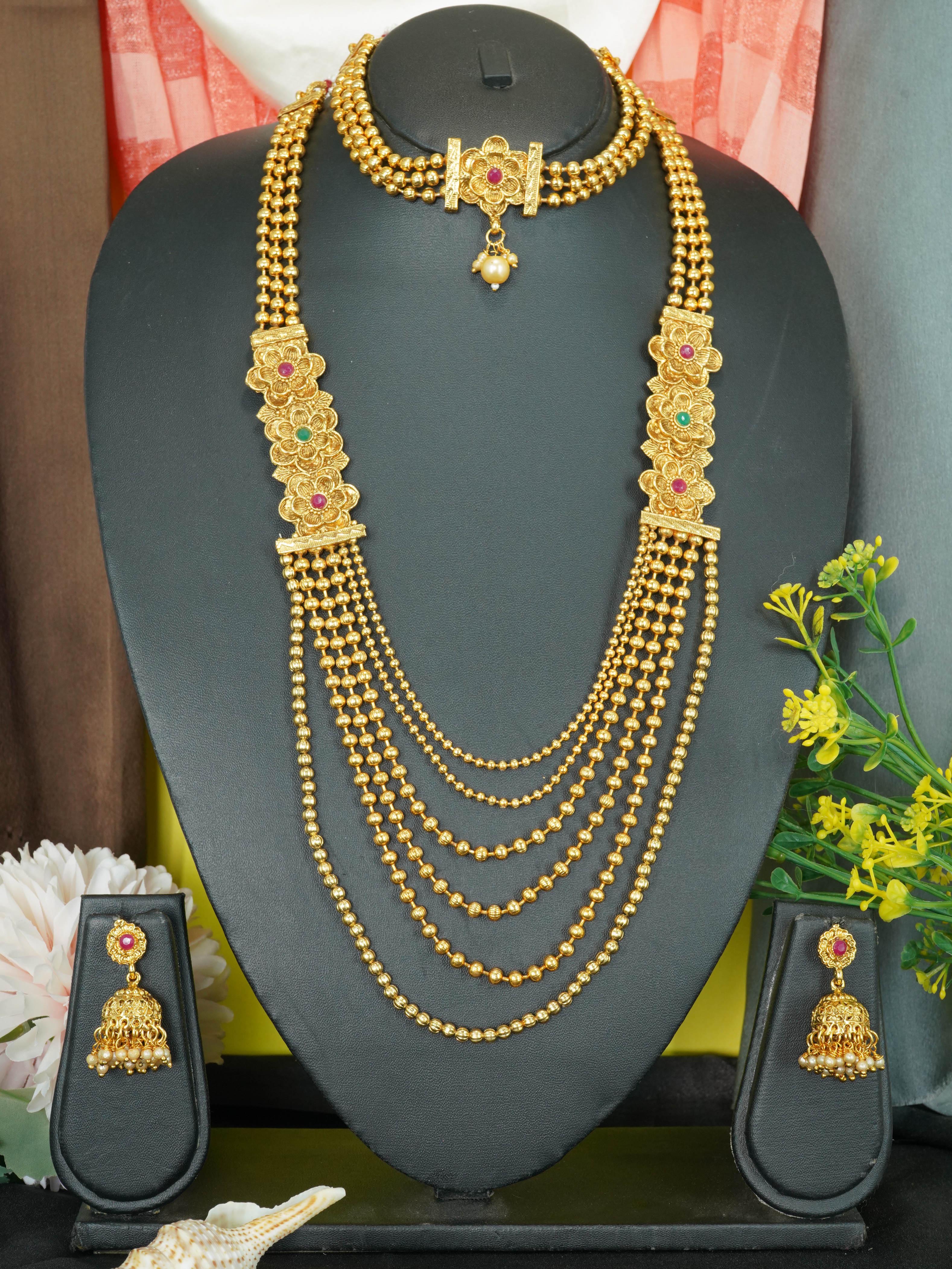 Gold Finish Necklace Combo Set with Artificial Stones 10349N