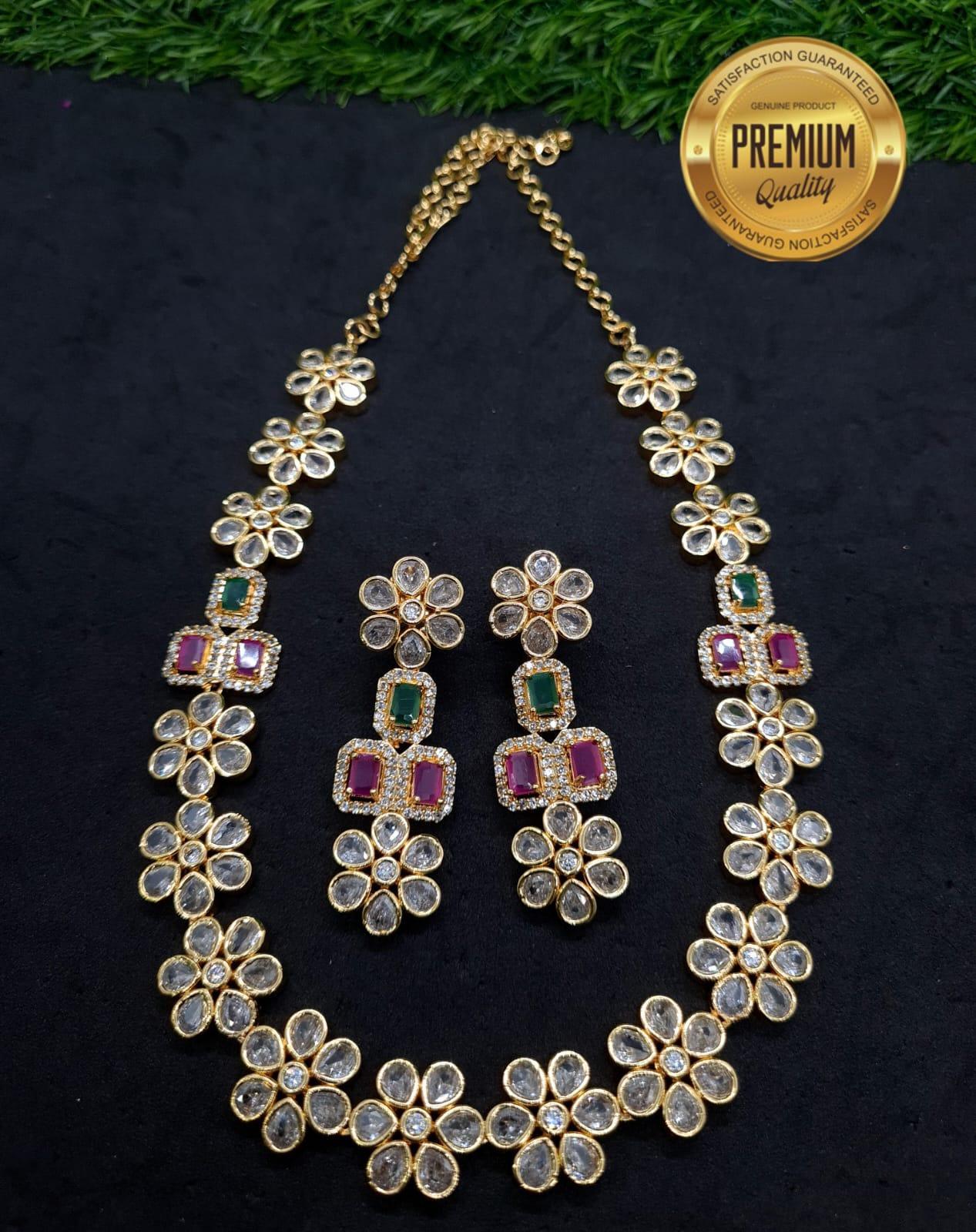 Gold Finish Ruby emerald original Zercon Necklace Set 7444N
