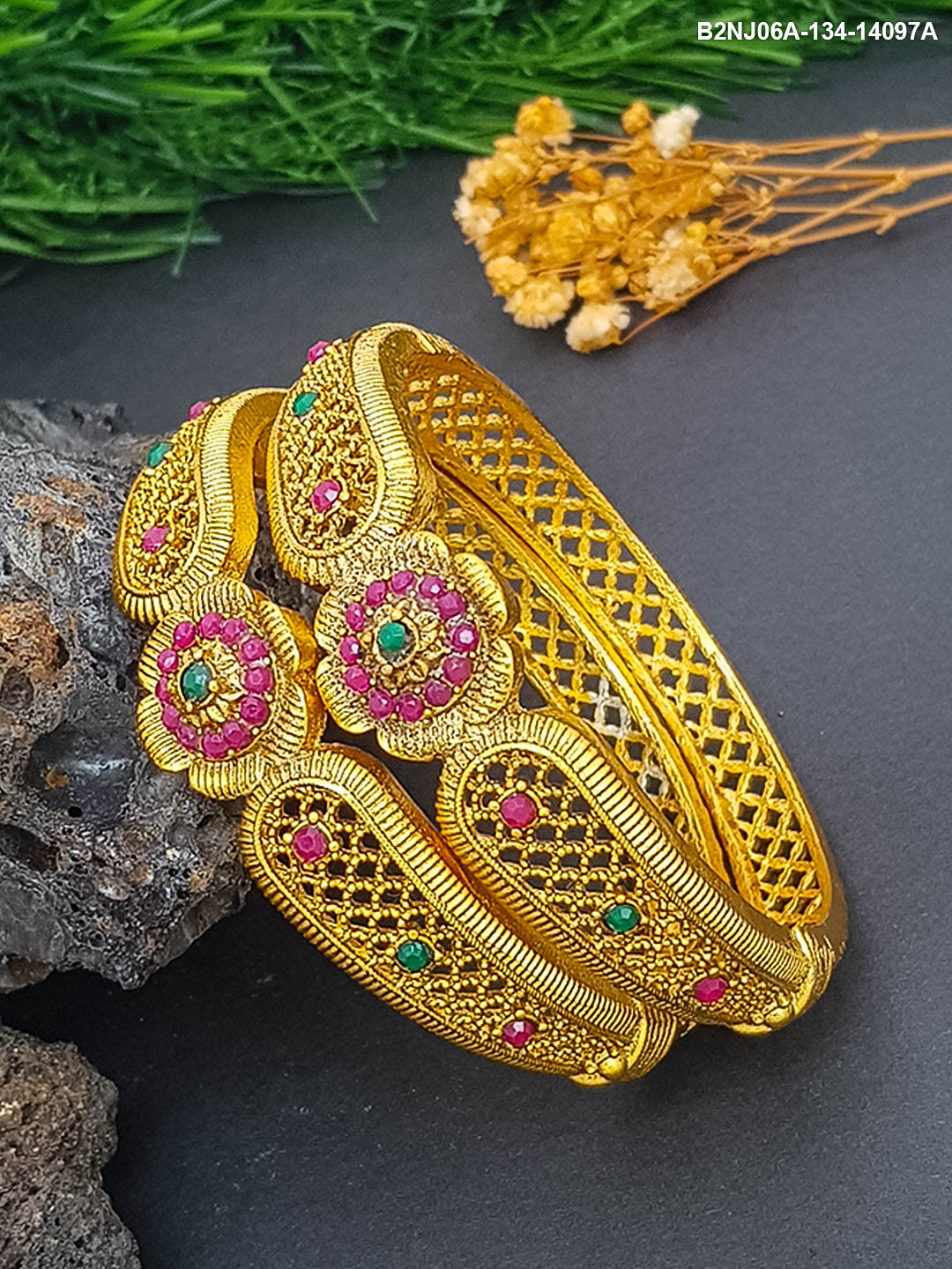 Gold Finish Set of 2  Bangles with Studded stones 14097A