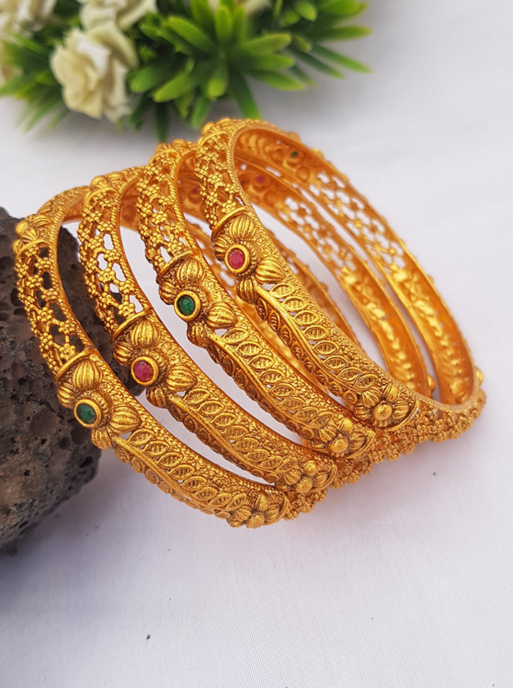 Gold Finish Set of 4 Bangles with Studded stones 14100A