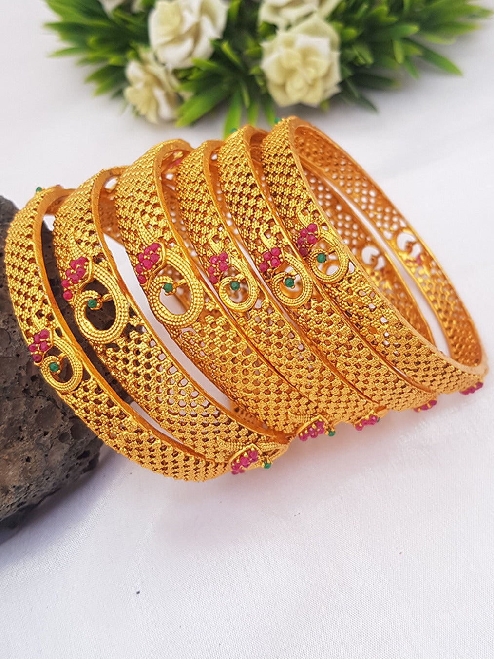 Gold Finish Set of 6  Bangles with Studded stones 14094A