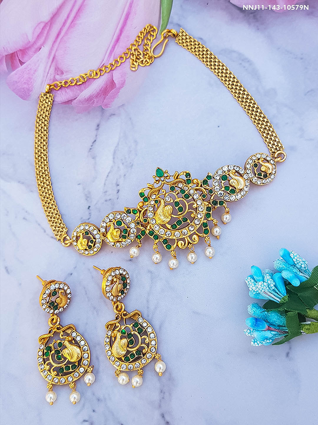 Mayura | Peacock Designed Necklace Set with Green Beads