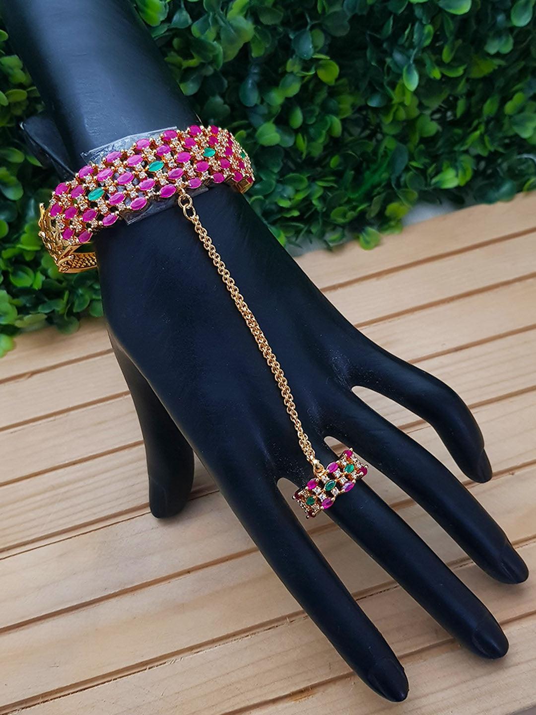 Gold Plated Adjustable Size Cocktail Finger ring with Bracelet free size Zercon ruby Stones 7449N-Finger rings-Griiham-Griiham