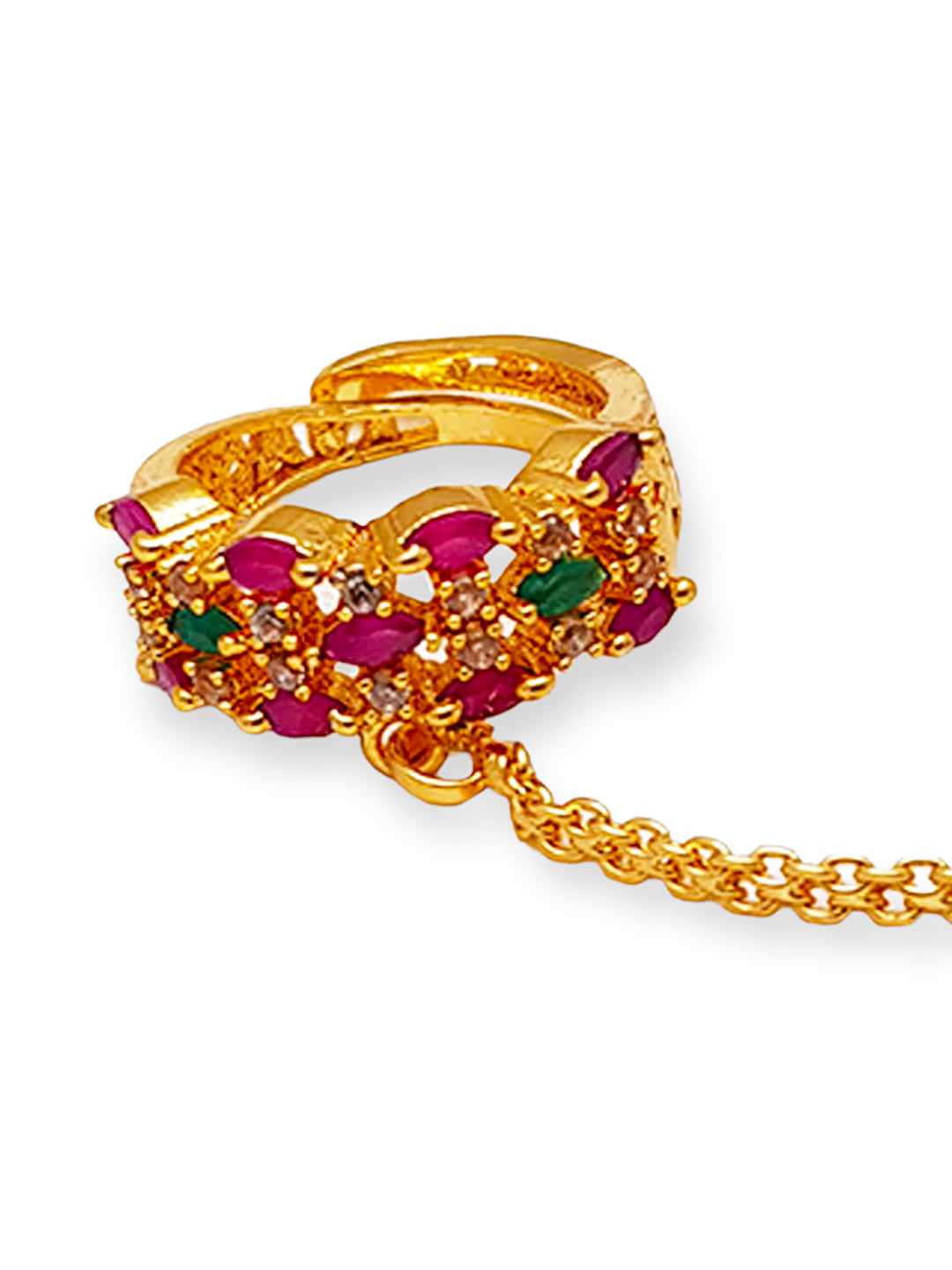Gold Plated Adjustable Size Cocktail Finger ring with Bracelet free size Zercon ruby Stones 7449N