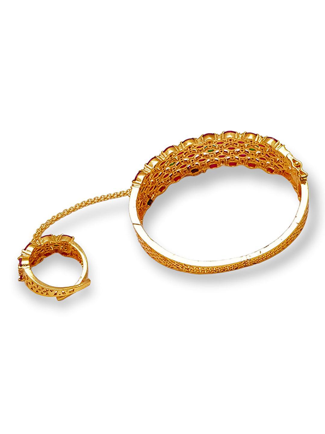 Gold Plated Adjustable Size Cocktail Finger ring with Bracelet free size Zercon ruby Stones 7449N - Griiham