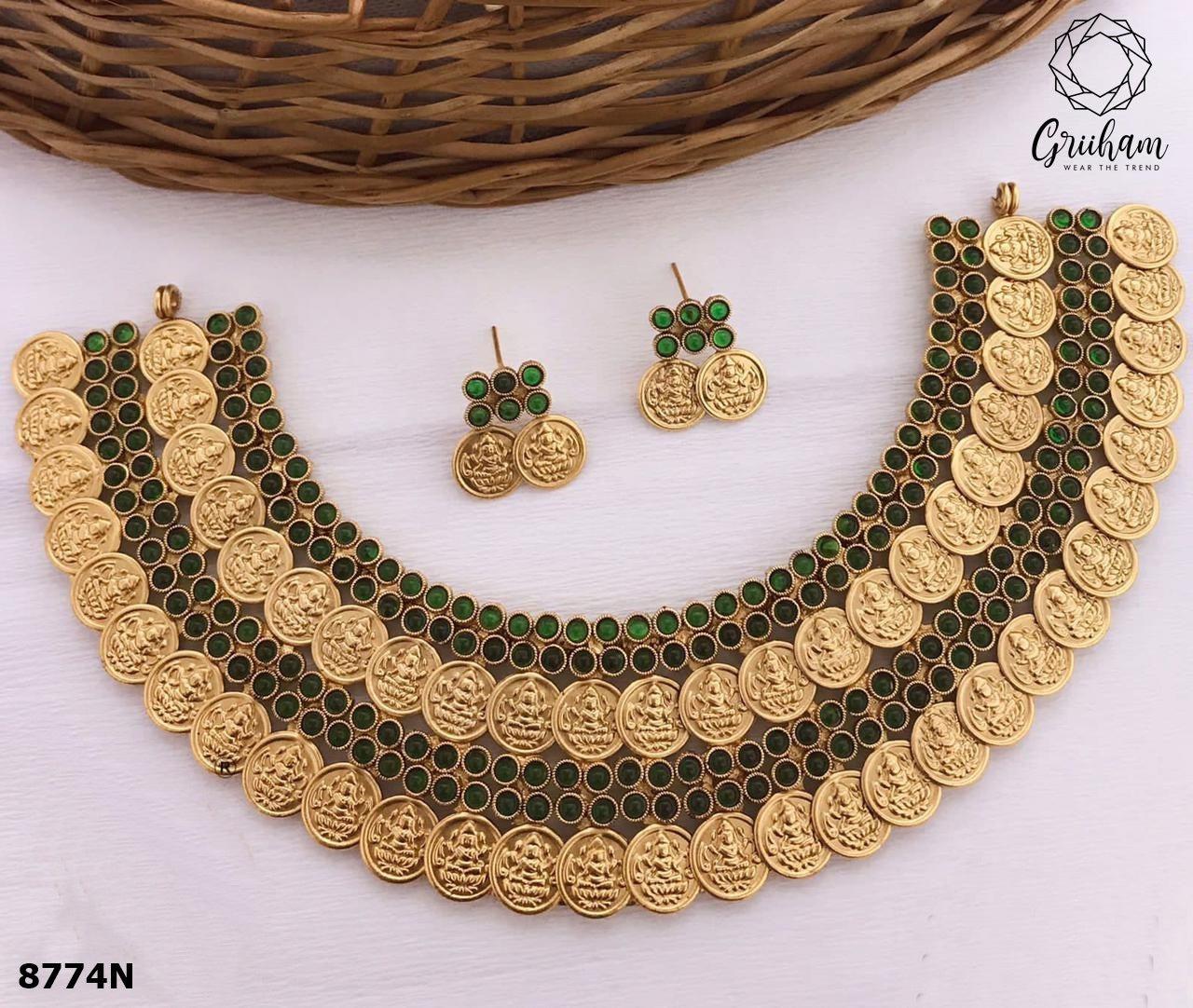 Gold Plated All occasions Two Line Stones and coin Necklace with diff Colours 8773N-Necklace Set-Griiham-Green-Griiham