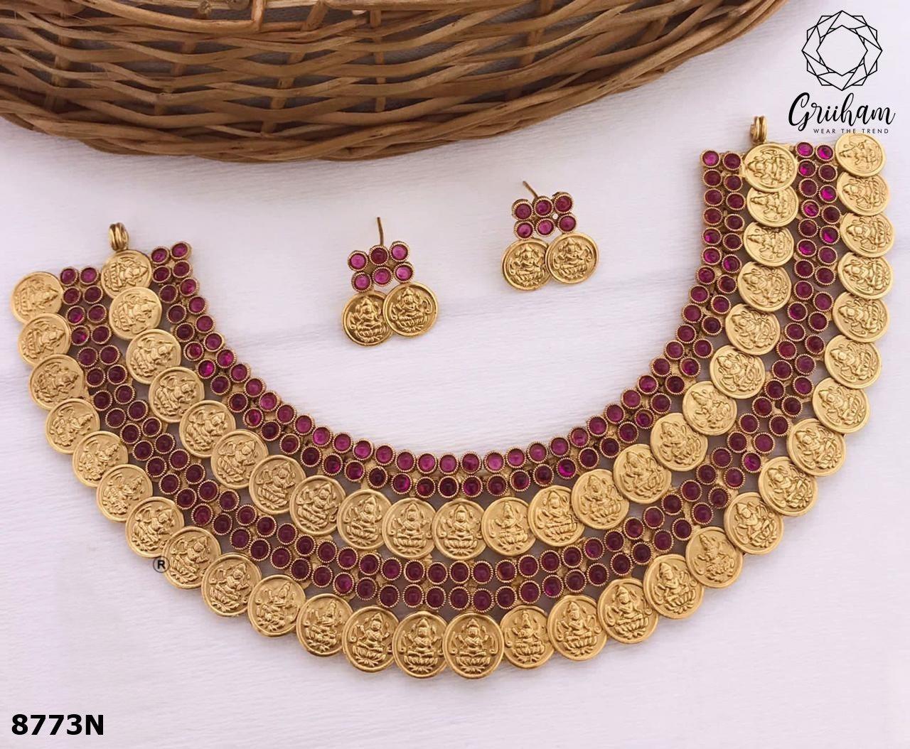 Gold Plated All occasions Two Line Stones and coin Necklace with diff Colours 8773N-Necklace Set-Griiham-Ruby Red-Griiham